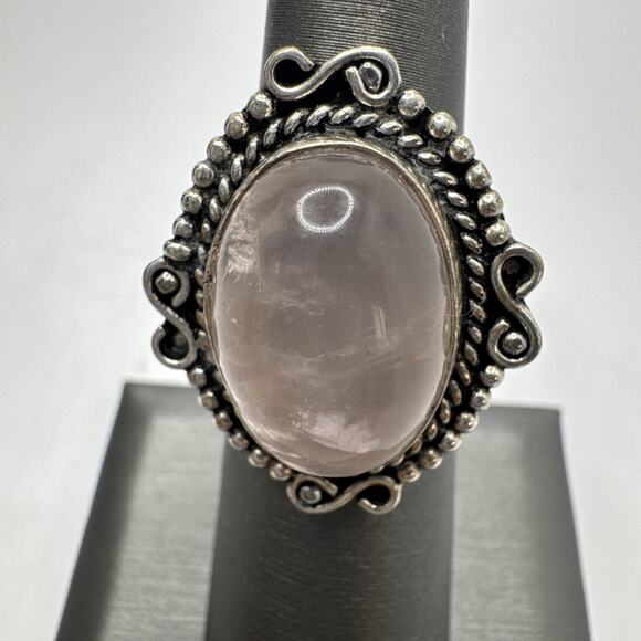 Vintage Estate Oval Pink Rose Quartz Large Silver Tone Filigree Design Ring Sz 6 - Picture 1 of 8